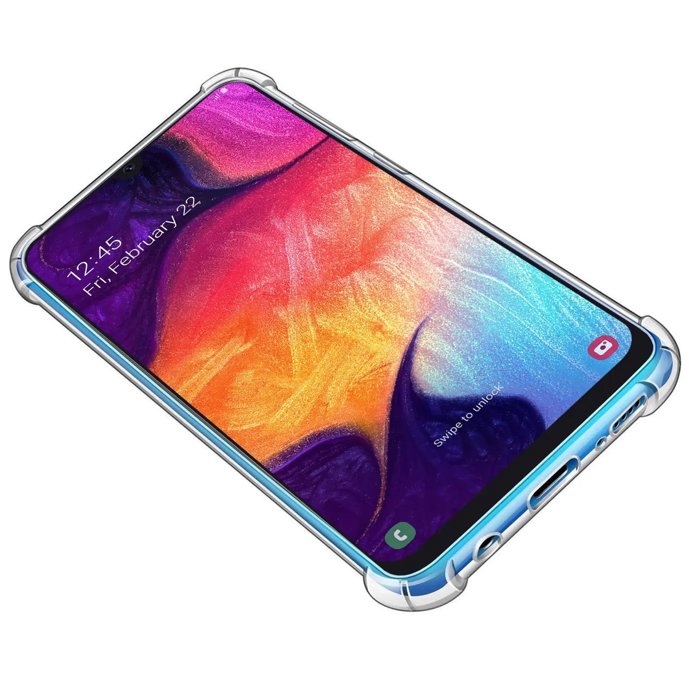 Transparente Hülle aus Kunststoff mit verstärkten Ecken auf einem Samsung Galaxy A50/A30s, von schräg oben.