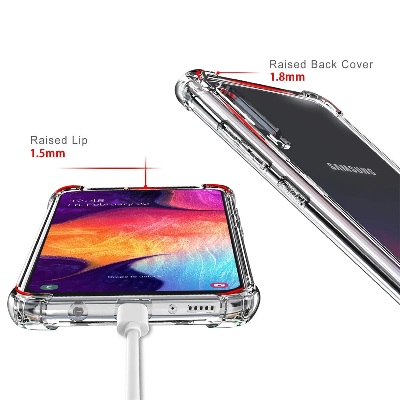 Transparente Hülle mit roten Akzenten für Samsung Galaxy A50/A30s, von vorne und schräg.