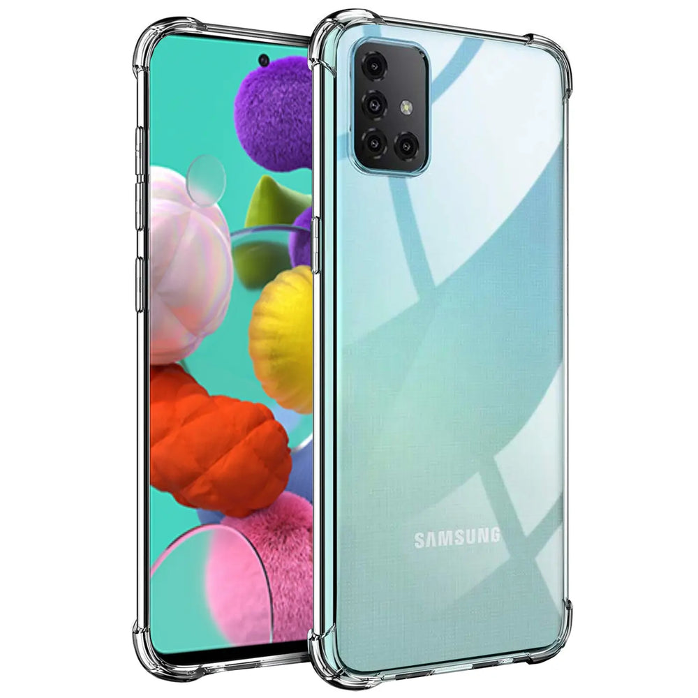 Samsung Galaxy A51 in klarer Hülle, von hinten/seitlich, transparentes TPU