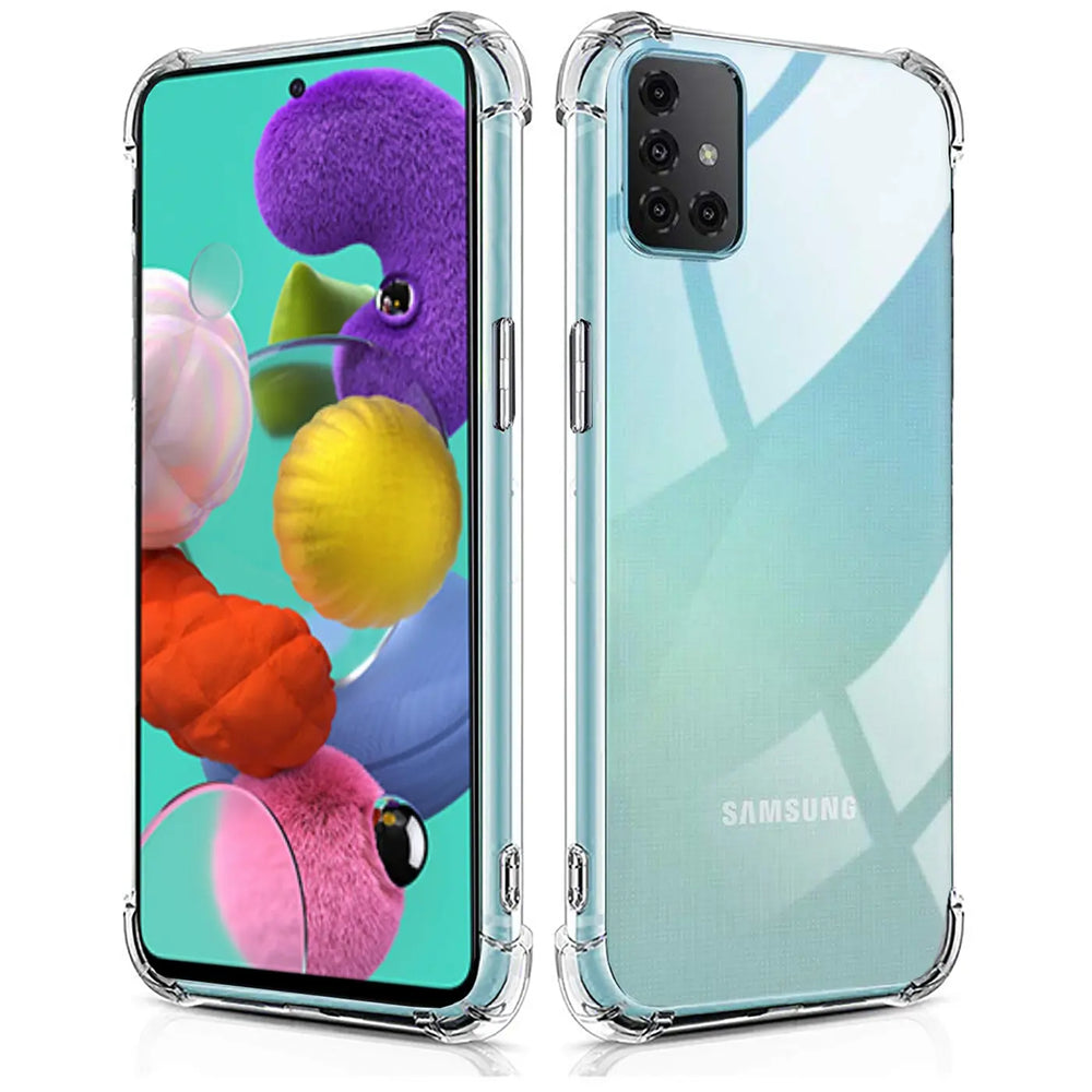 Samsung Galaxy A51 in klarer Hülle, Vorder- und Rückansicht, transparentes Material
