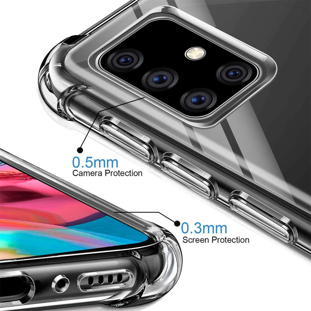 Transparente Hülle aus Kunststoff, Nahaufnahme, zeigt Kamera- und Bildschirmschutz des Samsung Galaxy A51.