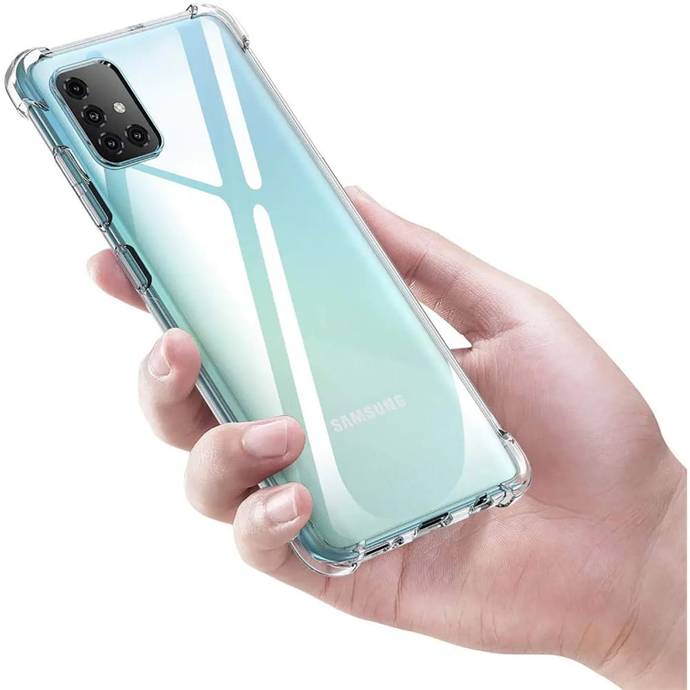 Transparente Hülle aus Kunststoff, von schräg oben gezeigt, schützt ein Samsung Galaxy A51.