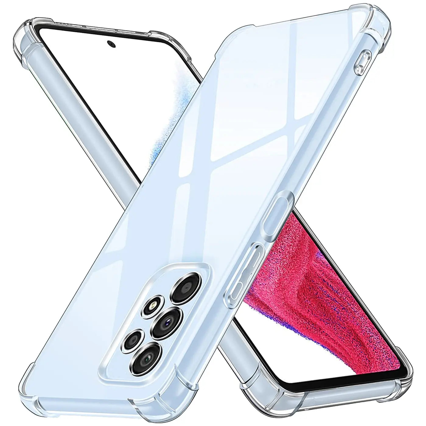 Transparente Hülle aus Kunststoff mit verstärkten Ecken um ein Samsung Galaxy A53 5G.