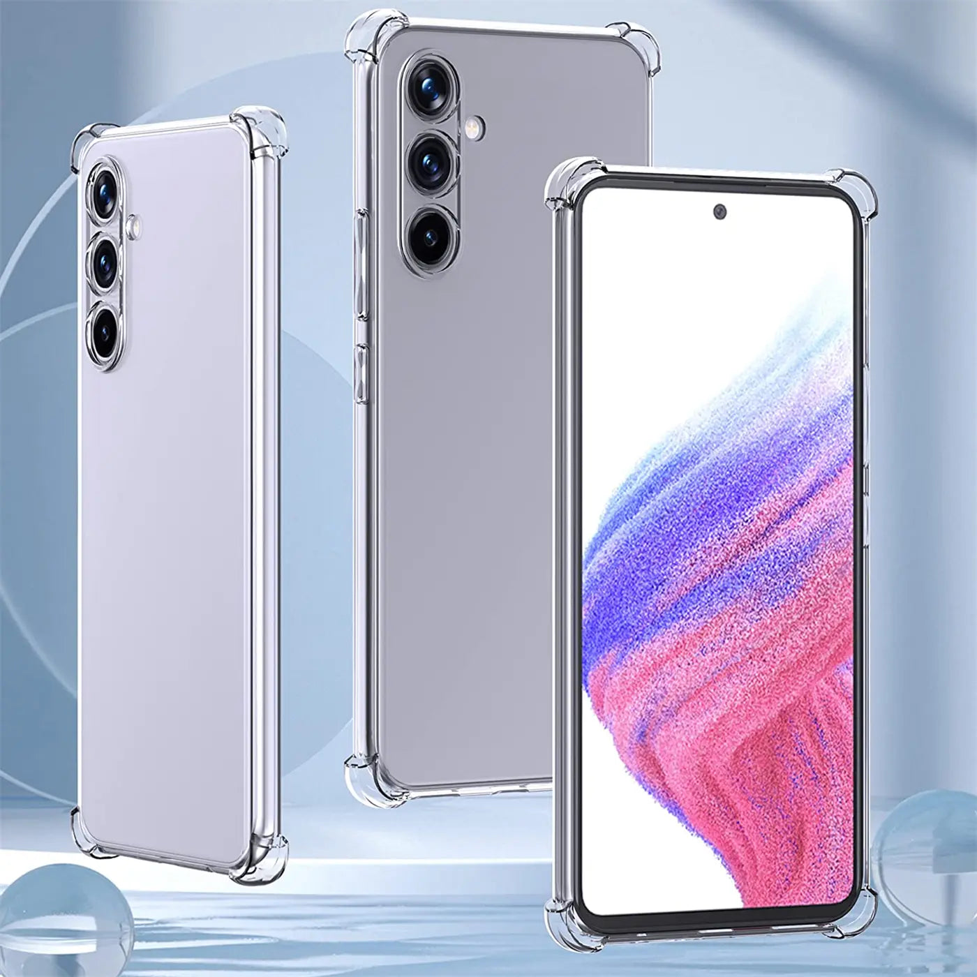 Transparente Hülle mit verstärkten Ecken für Samsung Galaxy A54 5G, von vorne und hinten gezeigt.