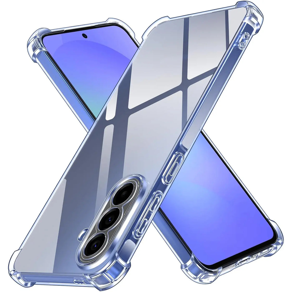 Transparente, stoßfeste Hülle aus Kunststoff, schräg von vorne, zeigt Samsung Galaxy A57 5G.