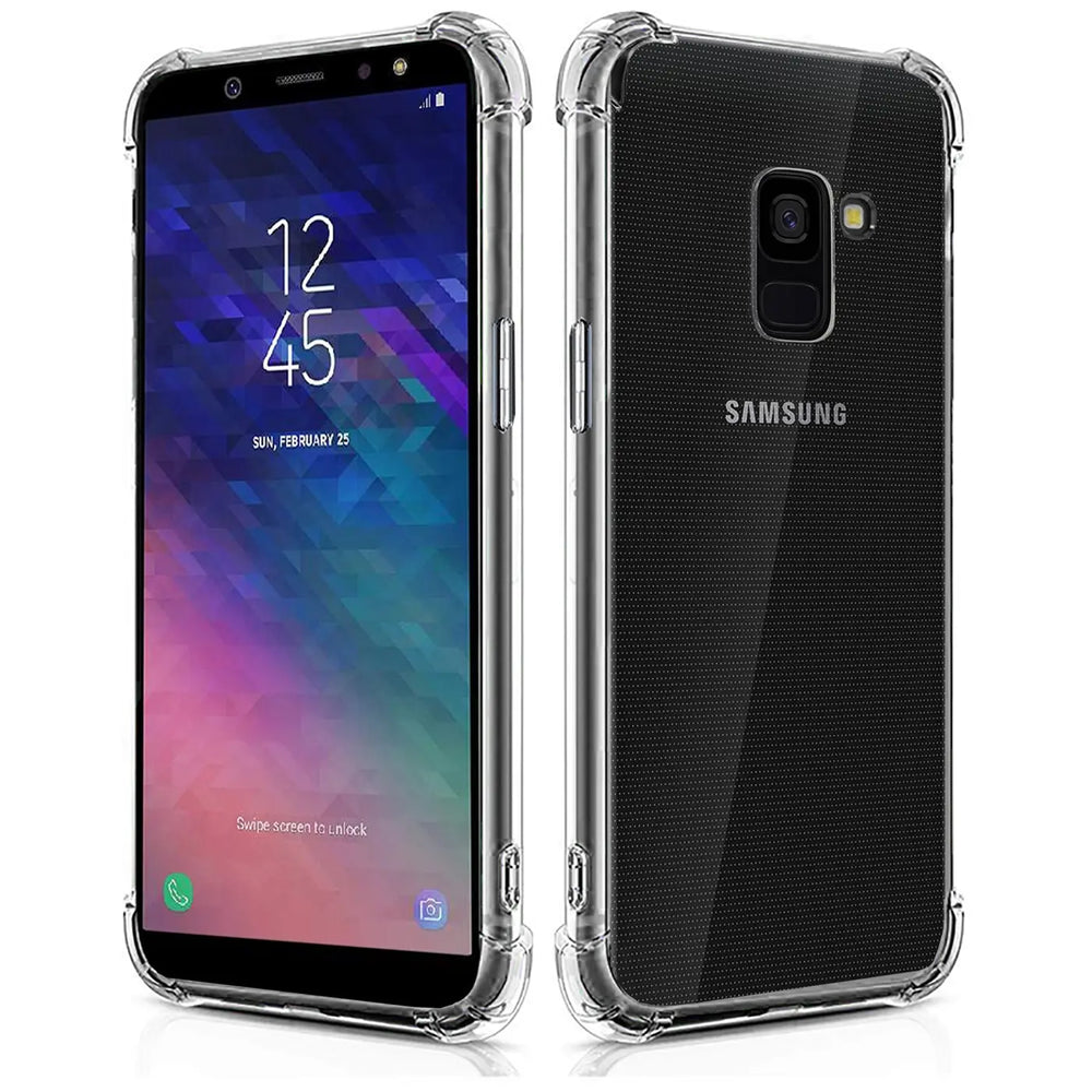 Samsung Galaxy A6 in klarer Hülle, Vorder- und Rückansicht, transparentes TPU
