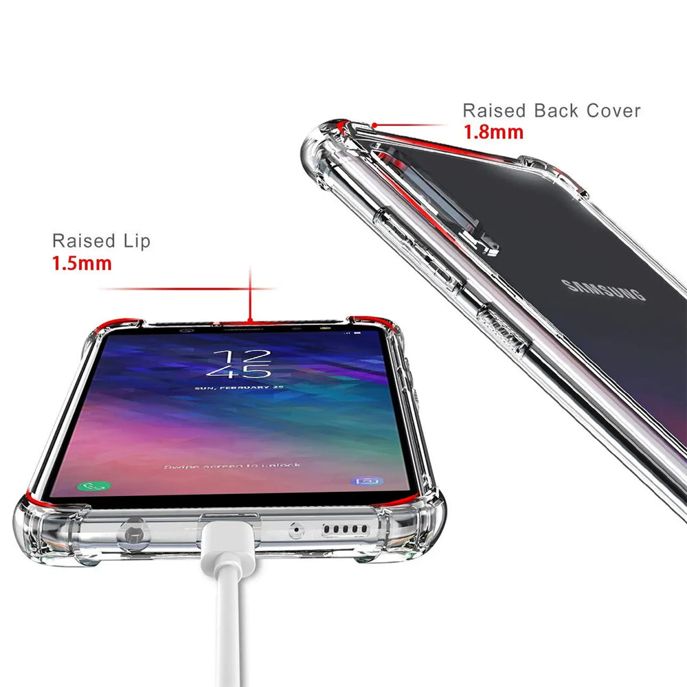 Samsung Galaxy A6 in klarer Hülle, Vorder- und Rückansicht, mit roten Akzenten.