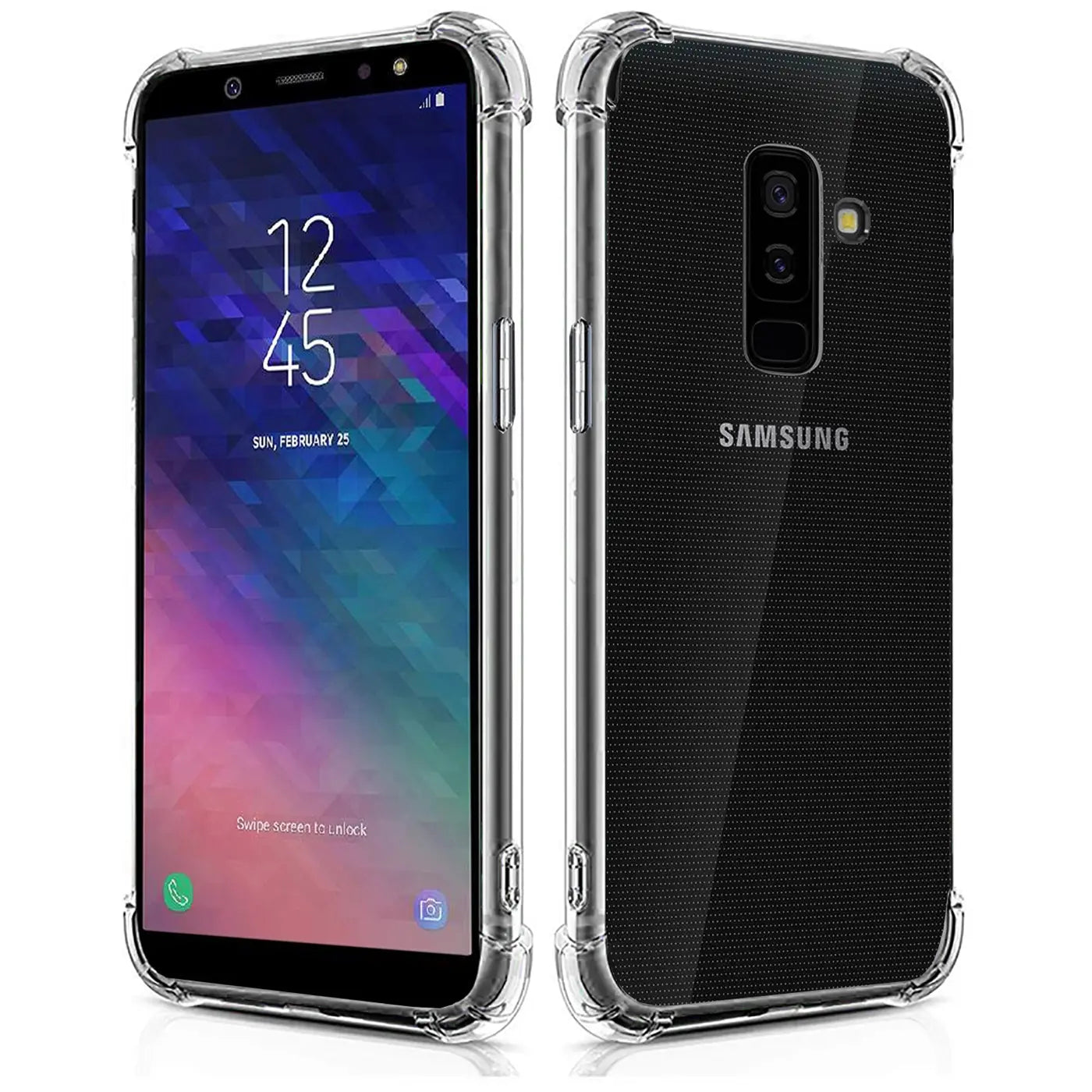 Samsung Galaxy A6 Plus in klarer Hülle, Vorder- und Rückansicht, Kunststoff