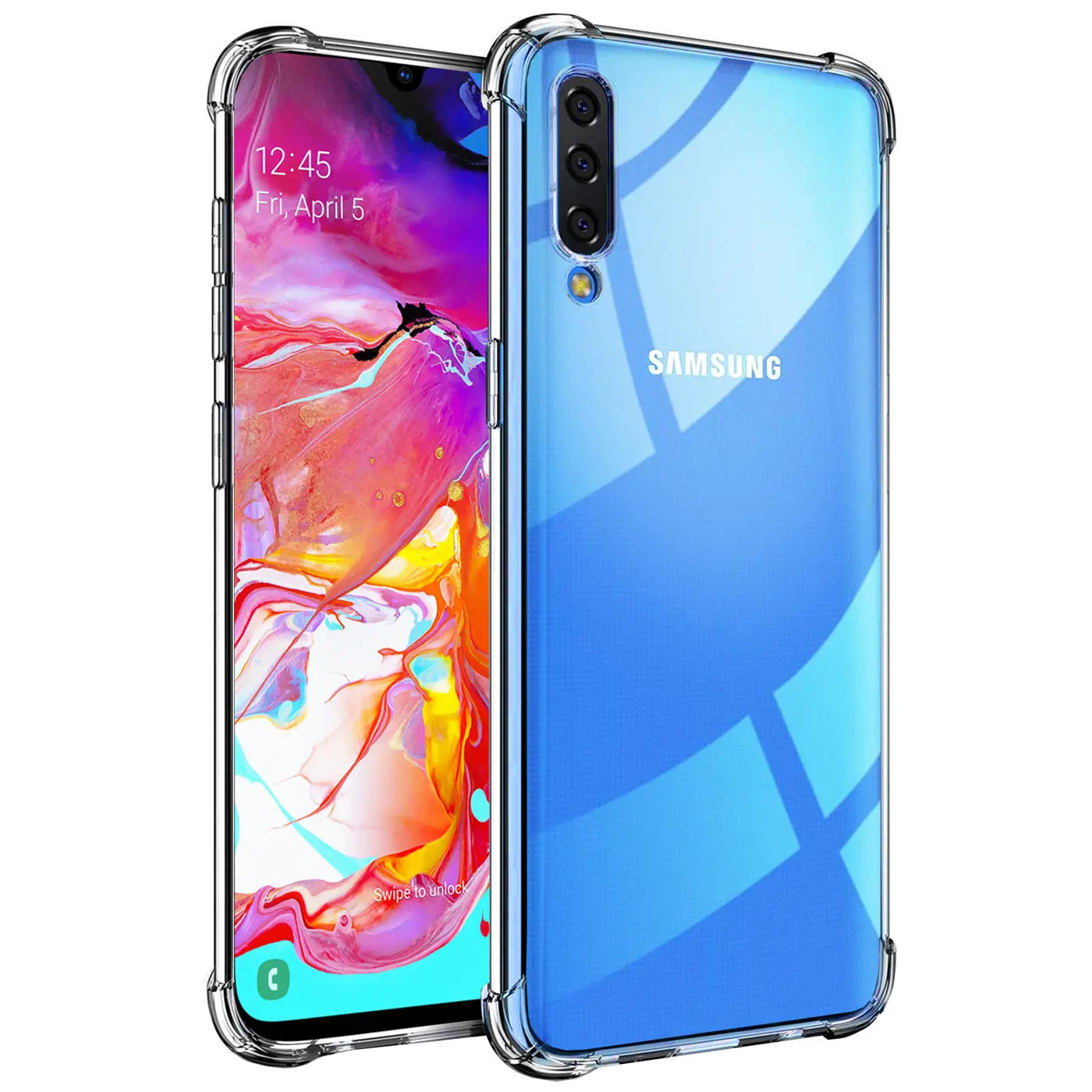 Klar, stoßfeste Hülle aus TPU um ein Samsung Galaxy A70/A70s, von vorne/seitlich