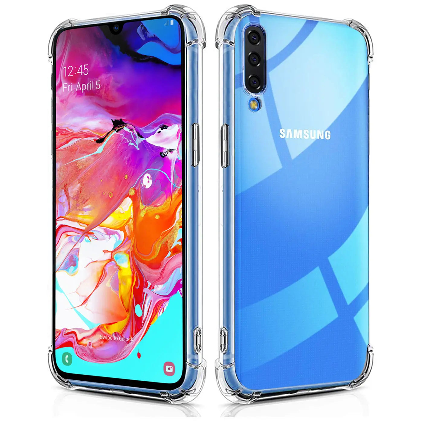 Samsung Galaxy A70/A70s in klarer Hülle, Vorder- und Rückansicht, transparentes TPU, stoßfest.