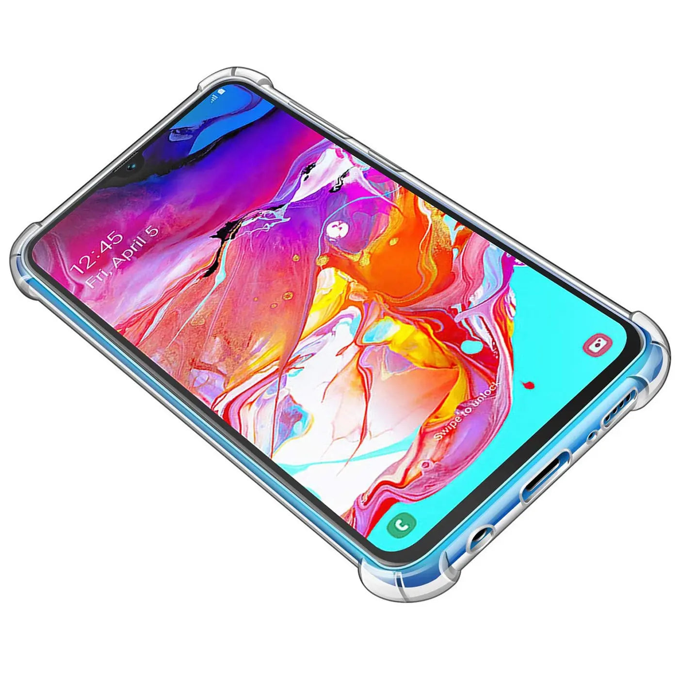 Transparente Hülle aus Kunststoff mit verstärkten Ecken auf einem Samsung Galaxy A70, Draufsicht.