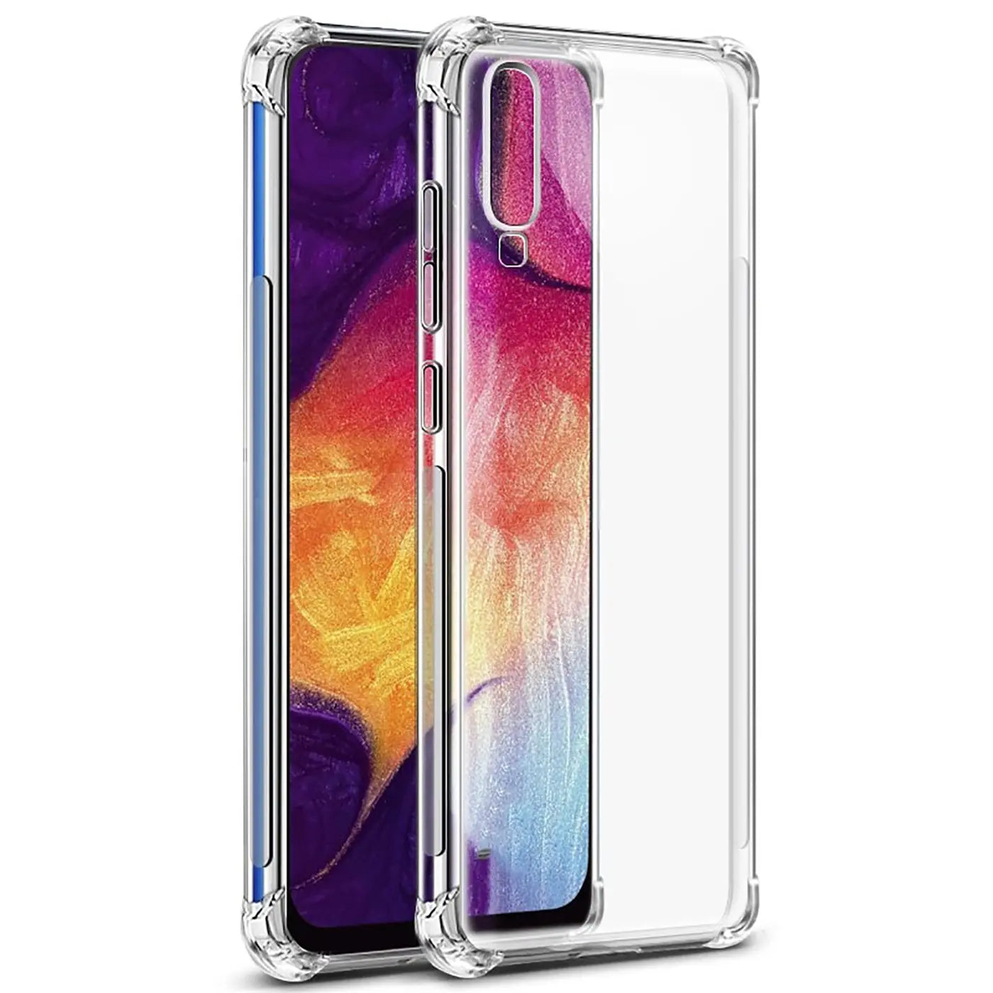 Transparente Silikonhülle mit verstärkten Ecken für Samsung Galaxy A70/A70s, von vorne.