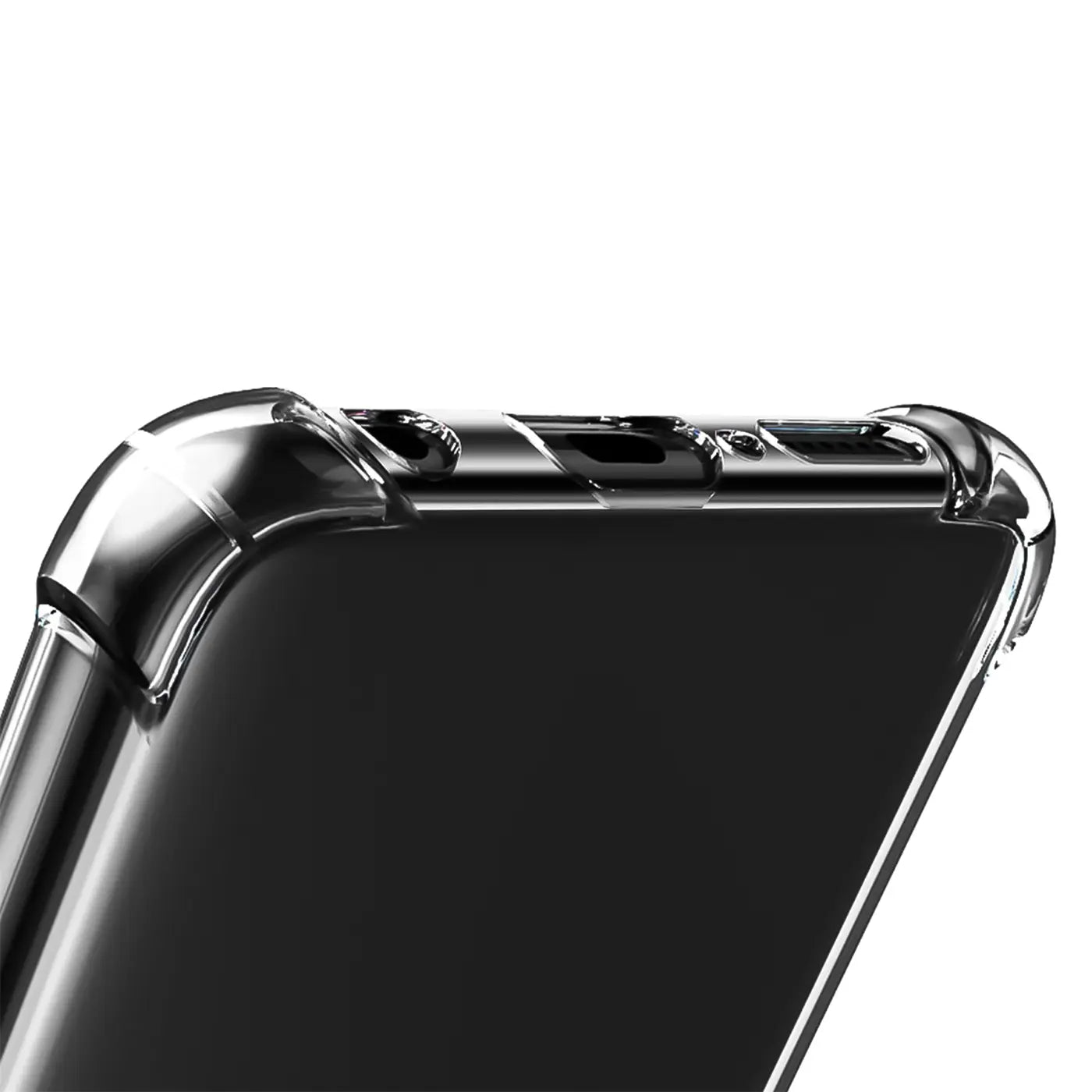 Transparente, stoßfeste Hülle aus Kunststoff, Nahaufnahme der oberen Kante eines schwarzen Samsung Galaxy A70/A70s.