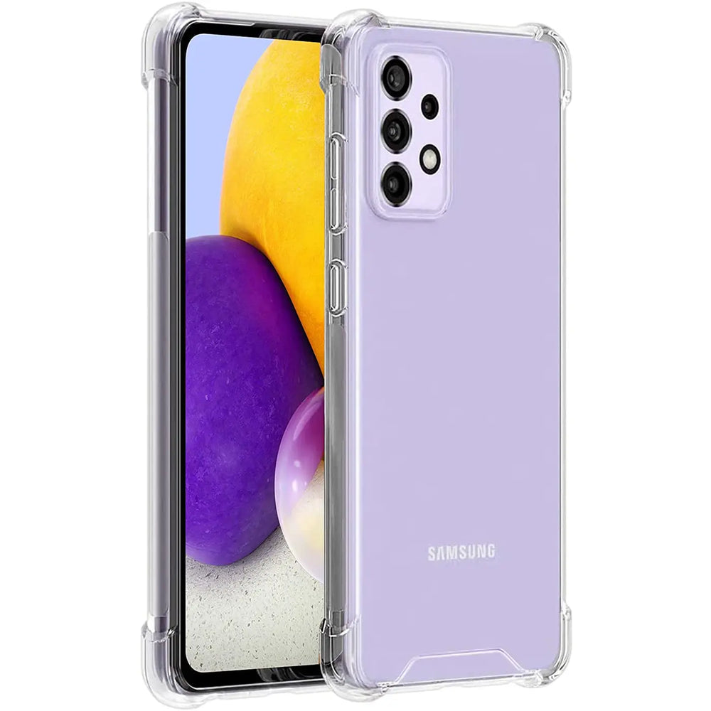 Transparente Hülle aus TPU mit verstärkten Ecken, zeigt Samsung Galaxy A72.