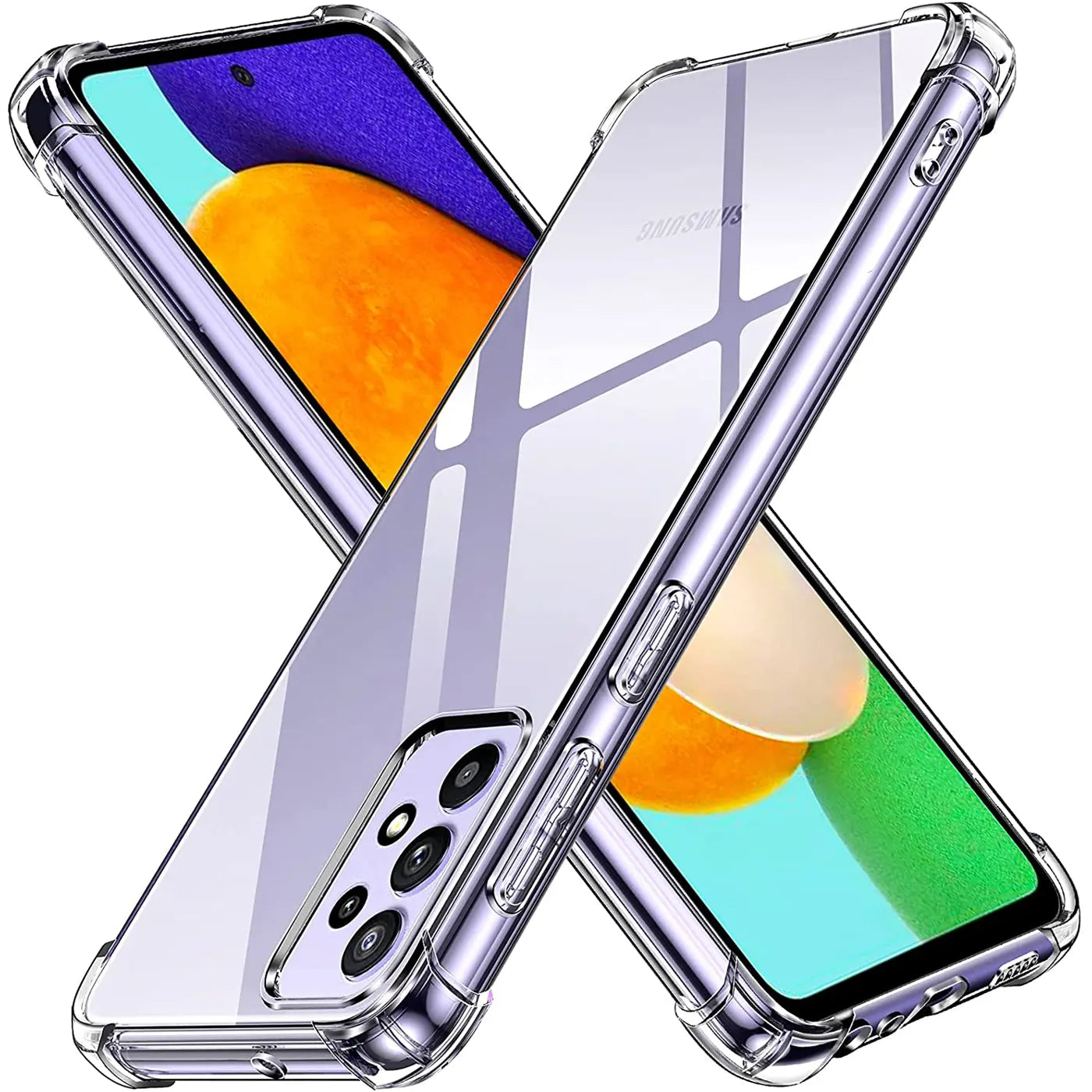 Transparente Hülle aus Kunststoff, zeigt Samsung Galaxy A72, von vorne und hinten.