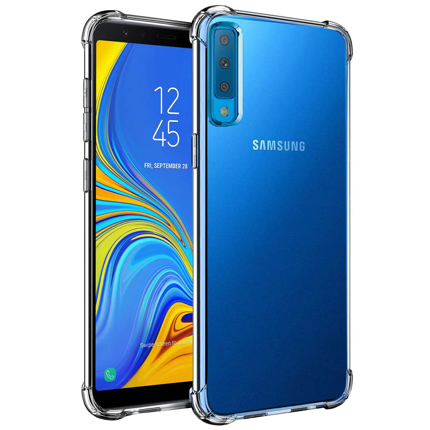 Samsung Galaxy A7 2018 in klarer Hülle, von vorne und hinten gezeigt, transparente Hülle.