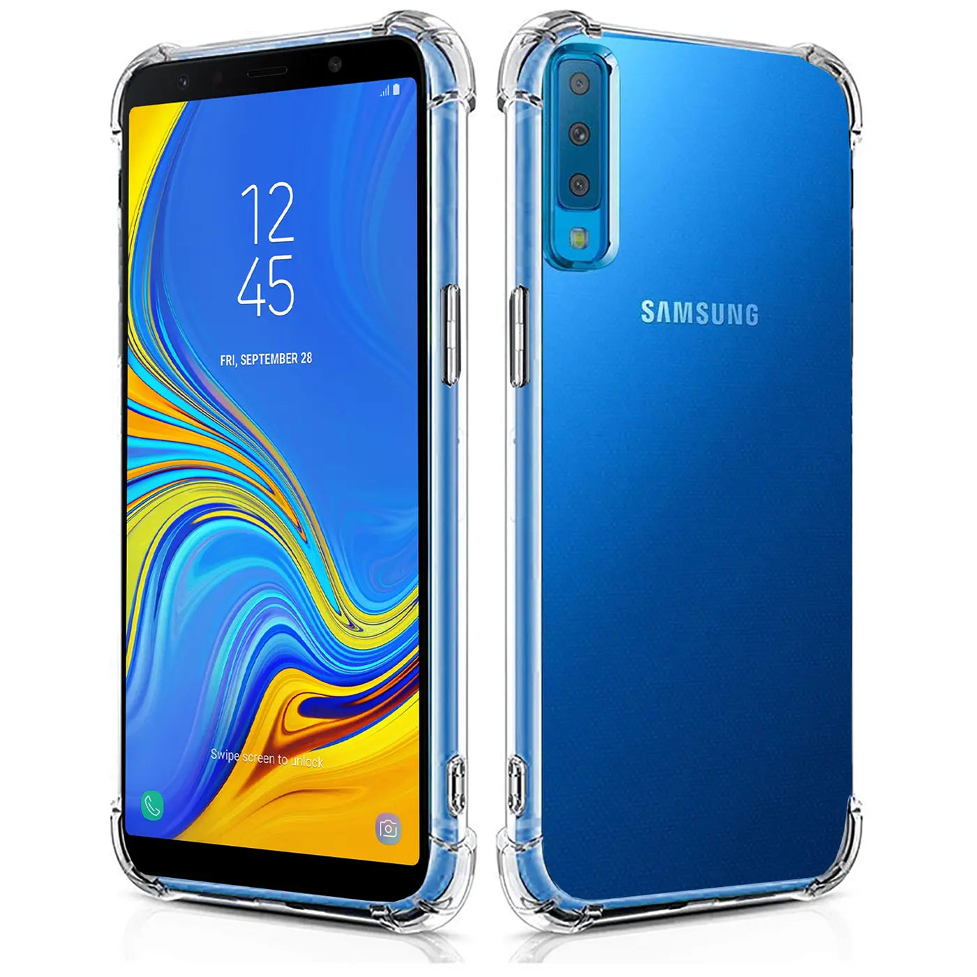 Samsung Galaxy A7 2018 in klarer Hülle, Vorder- und Rückansicht, transparentes TPU