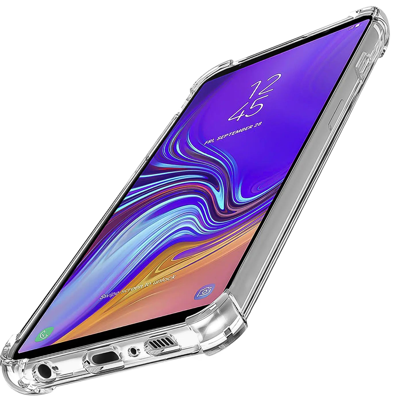 Samsung Galaxy A7 2018 in klarer Hülle, von schräg unten, transparentes Material