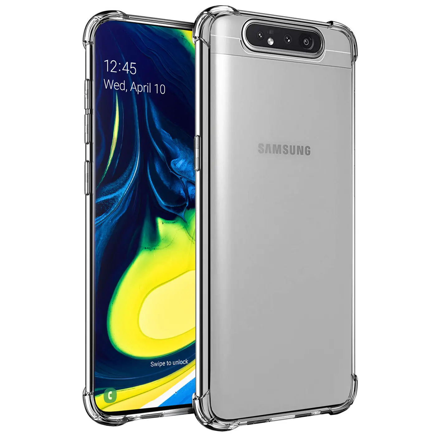 Samsung Galaxy A80 in klarer, stoßfester Hülle, Vorder- und Rückansicht, aus Kunststoff.
