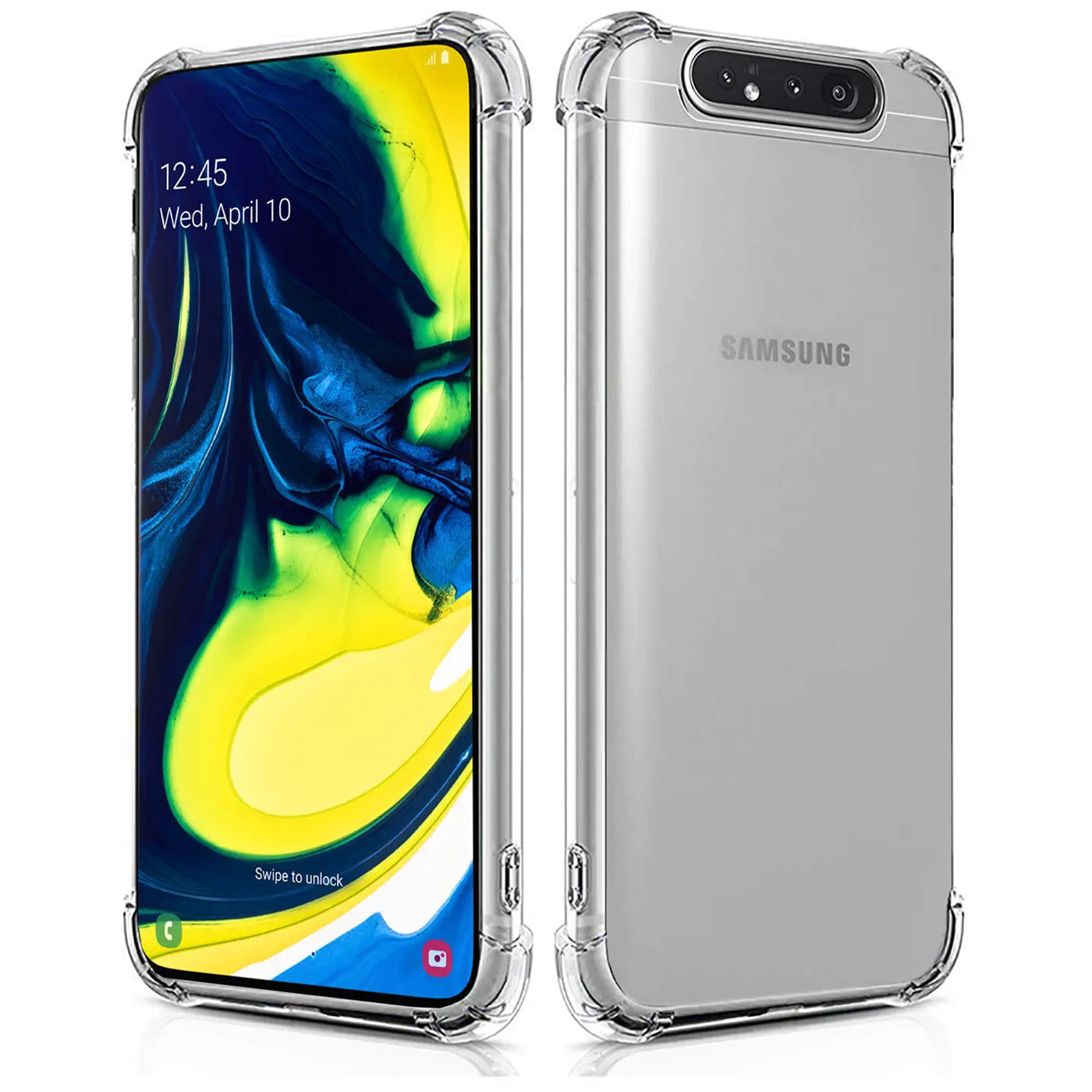 Samsung Galaxy A80 in klarer Hülle, Vorder- und Rückansicht, transparentes TPU