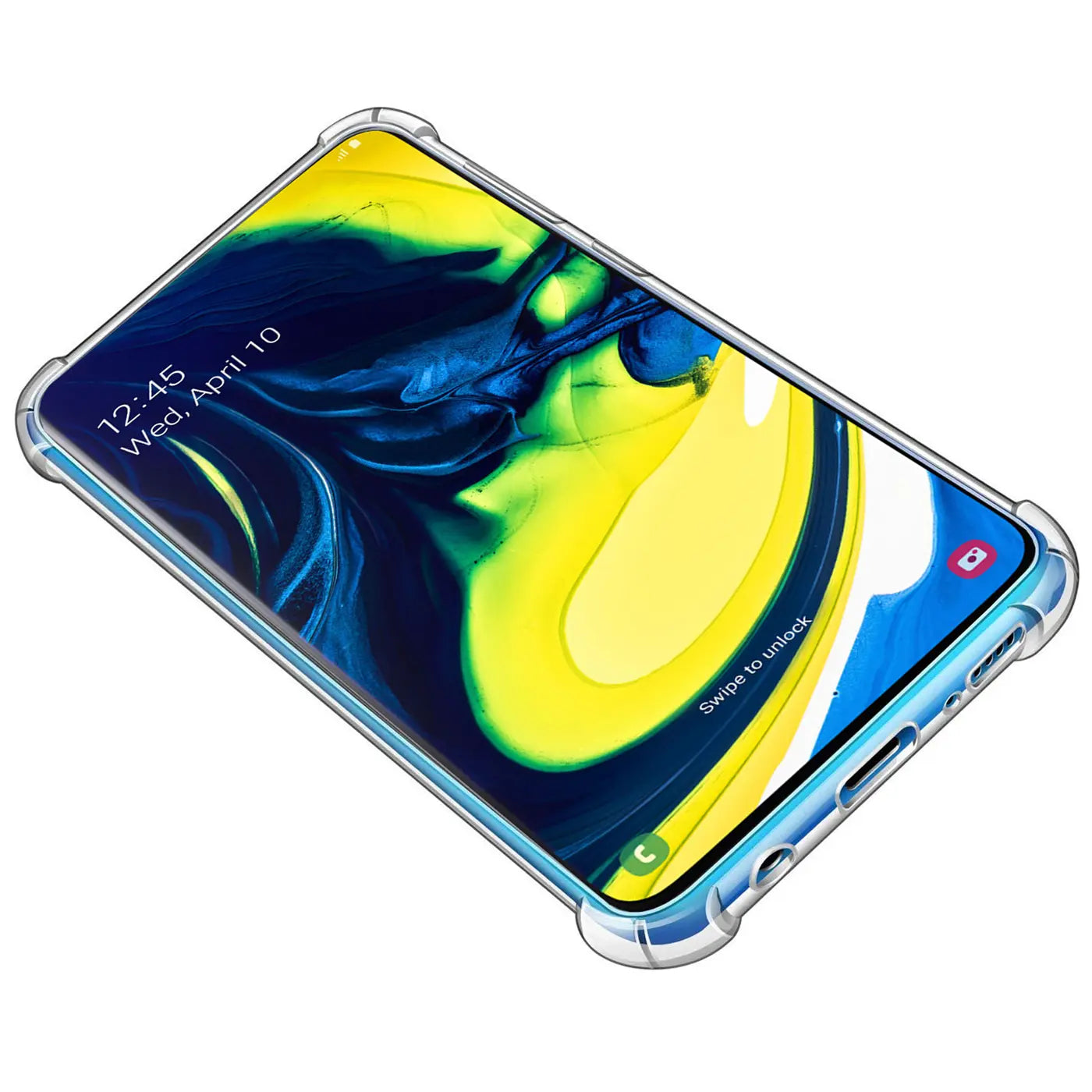 Klar transparente Hülle aus Kunststoff mit blauen Akzenten um ein Samsung Galaxy A80, von schräg oben fotografiert.