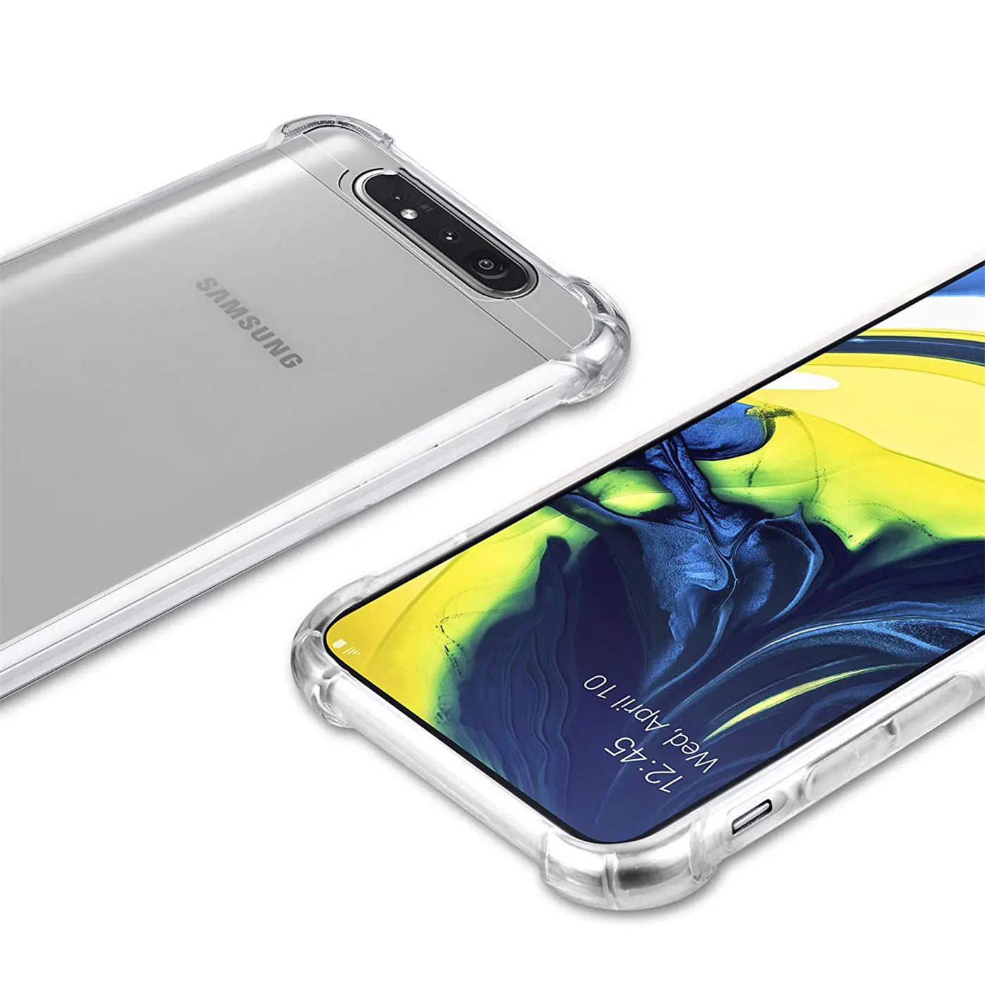Samsung Galaxy A80 in klarer Hülle, aus Kunststoff, von schräg oben gezeigt.