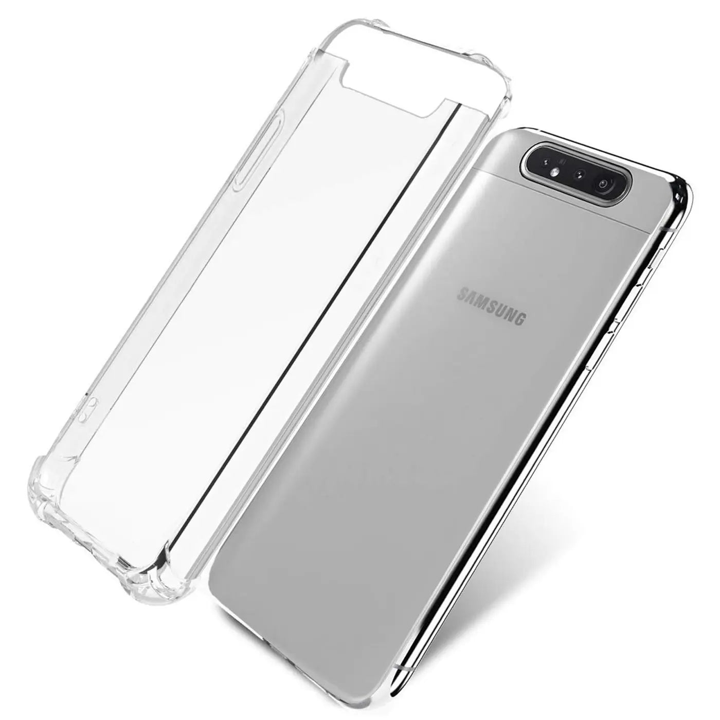 Transparente Hülle aus Kunststoff, von schräg oben, mit Samsung Galaxy A80.