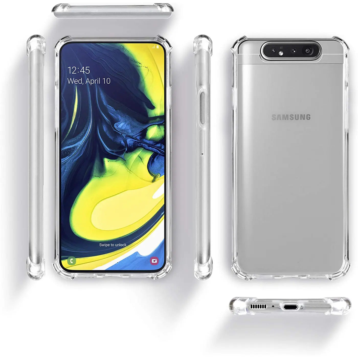 Samsung Galaxy A80 in klarer Hülle, Vorder-, Seiten- und Rückansicht, aus Kunststoff.