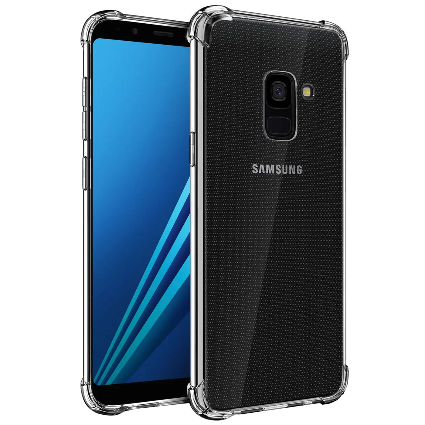 Samsung Galaxy A8 2018 in klarer Hülle, Rückansicht, transparentes TPU