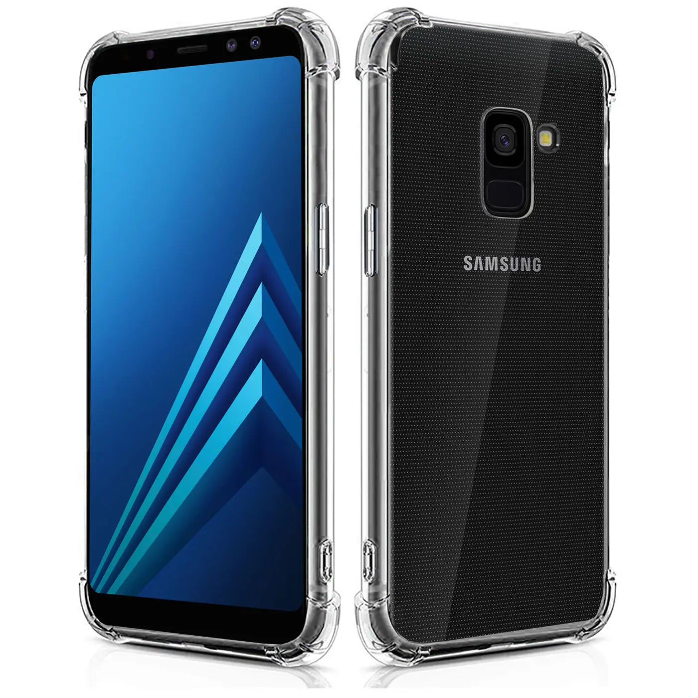Samsung Galaxy A8 2018 in klarer Hülle, Vorder- und Rückansicht, transparentes TPU, stoßfest.