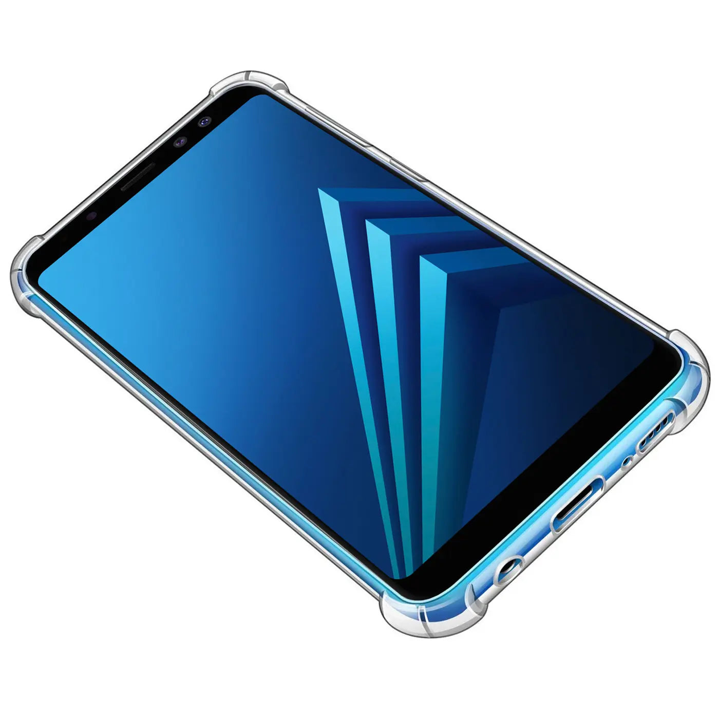 Samsung Galaxy A8 2018 in klarer Hülle, schräg von oben, transparentes TPU.