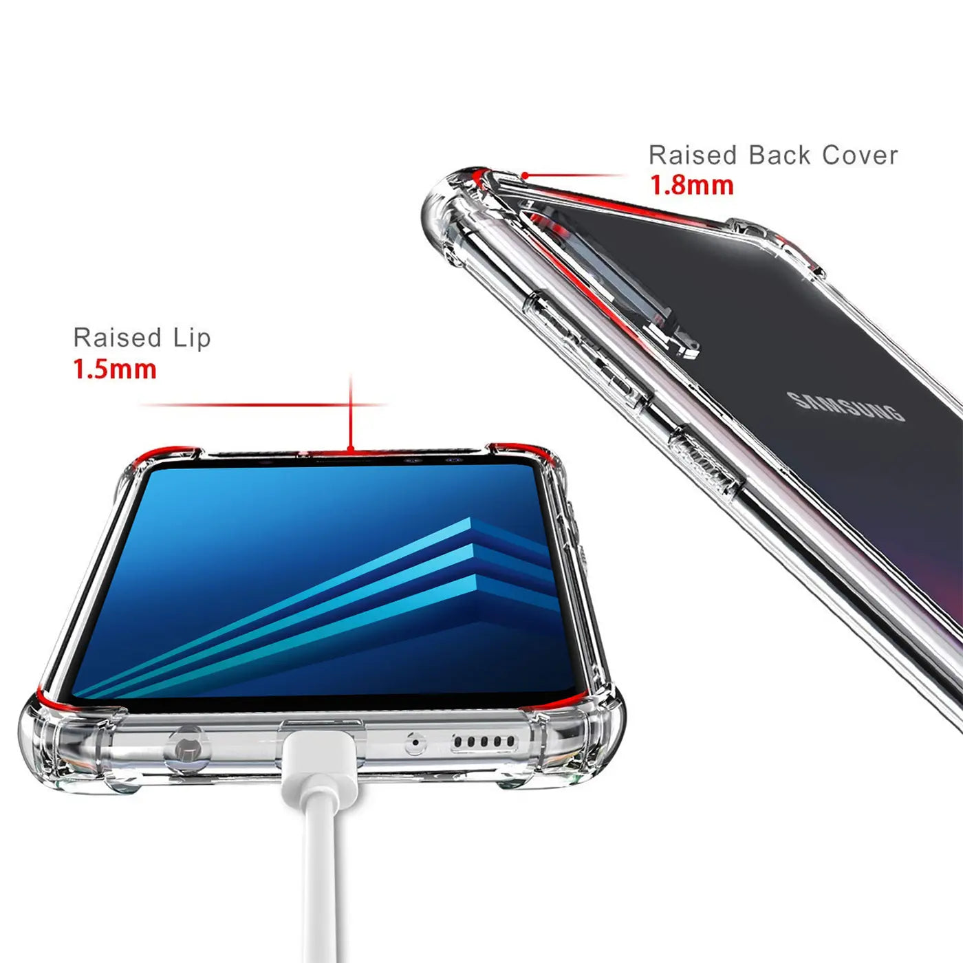Samsung Galaxy A8 2018 in klarer Hülle, Vorder- und Rückansicht, mit roten Akzenten.