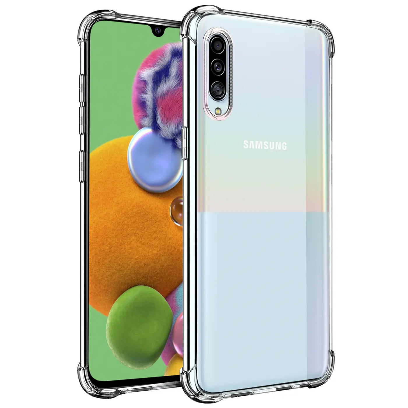Samsung Galaxy A90 5G in klarer Hülle aus Kunststoff, von vorne und hinten gezeigt.