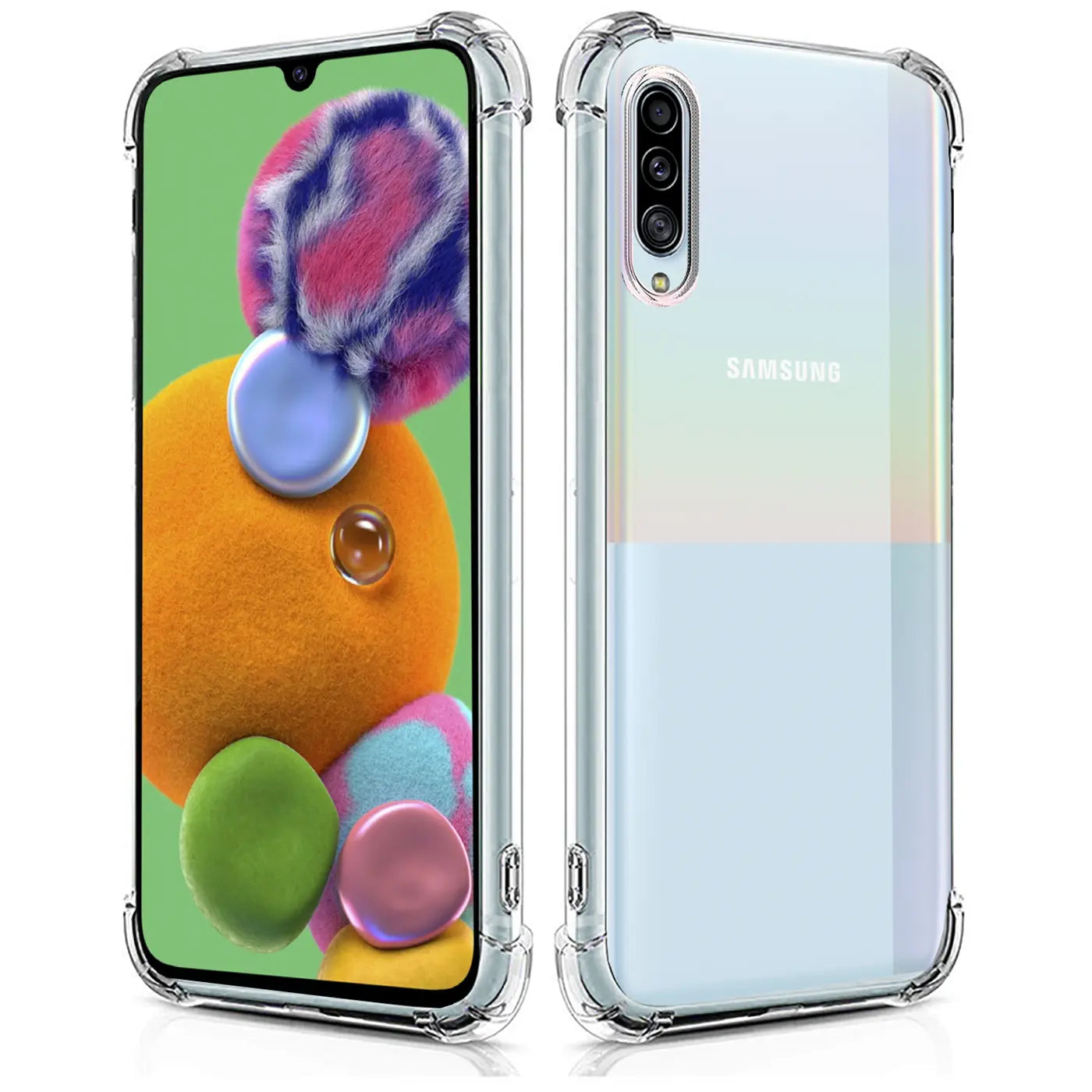 Samsung Galaxy A90 5G in klarer Hülle, Vorder- und Rückansicht, transparentes TPU.