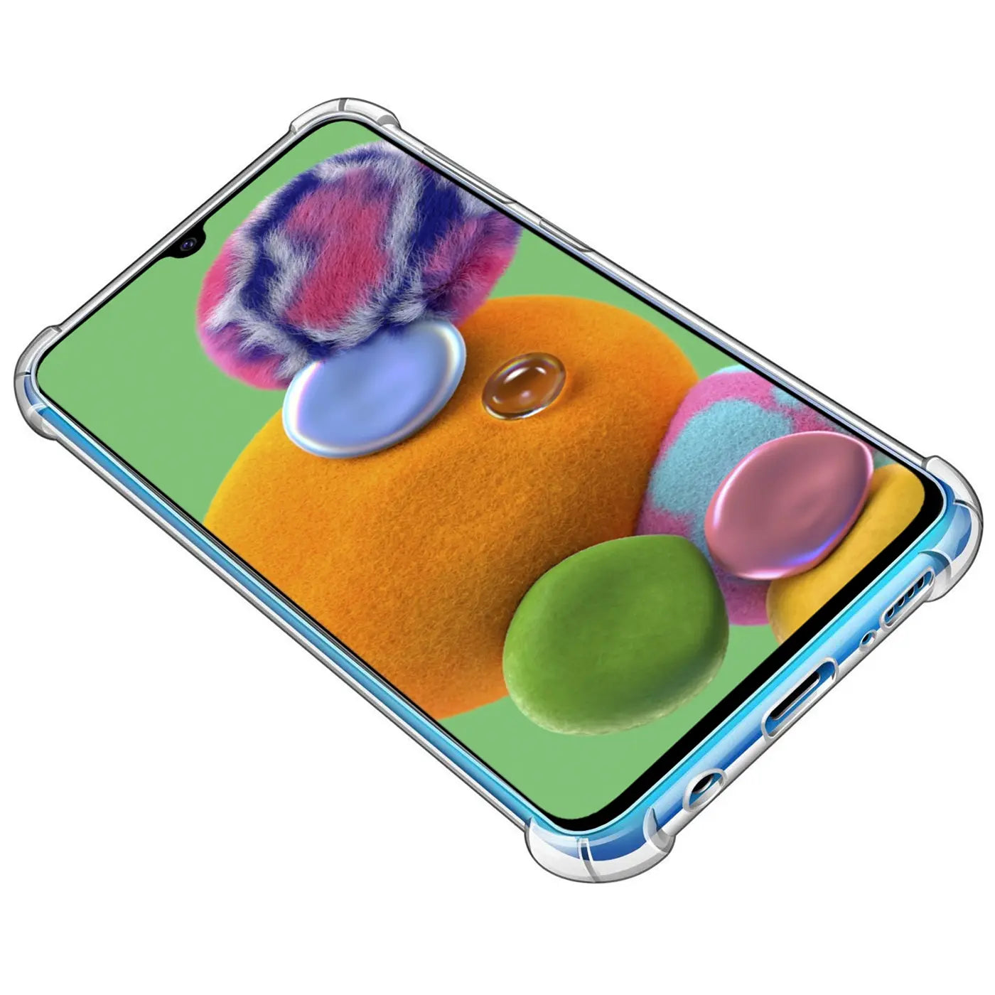 Samsung Galaxy A90 5G in klarer Hülle, schräg von oben, stoßfest.