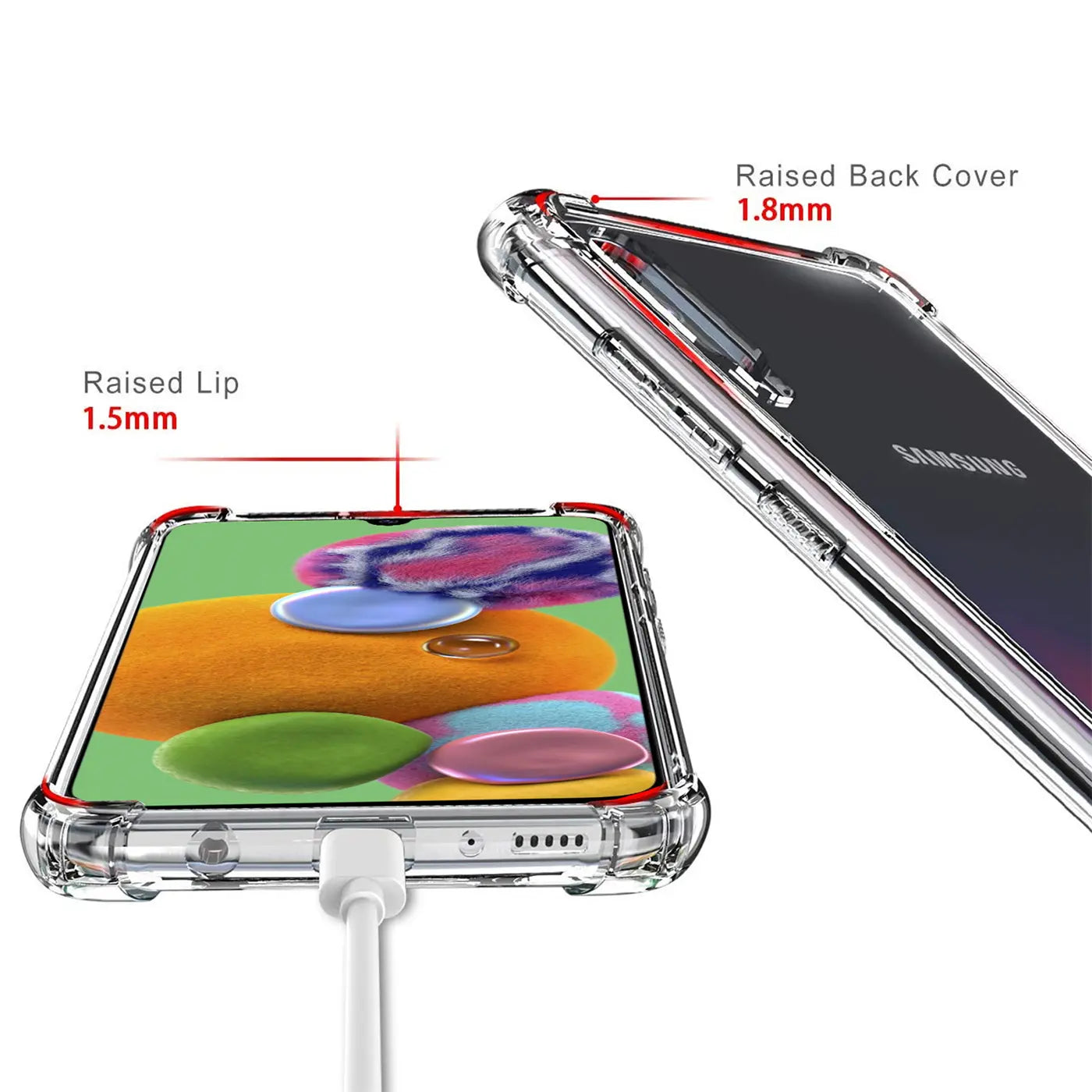 Transparente Hülle aus Kunststoff mit roten Akzenten um die Ecken, zeigt ein Samsung Galaxy A90 5G.