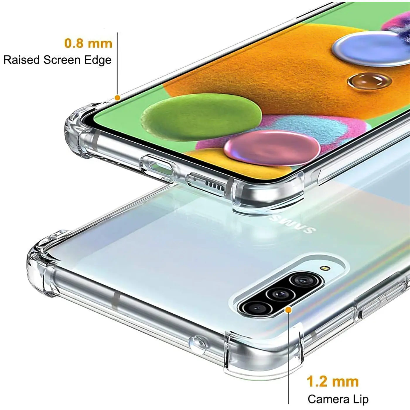 Klare, stoßfeste Hülle aus TPU und PC, zeigt Samsung Galaxy A90 5G, Nahaufnahme.