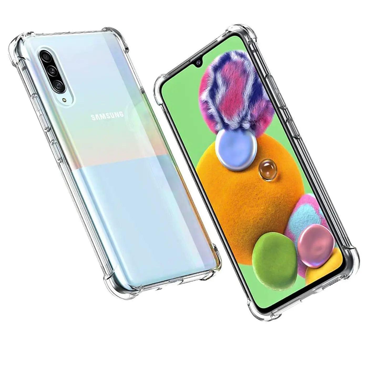 Klar, stoßfeste Hülle aus TPU für Samsung Galaxy A90 5G, von vorne und hinten gezeigt.