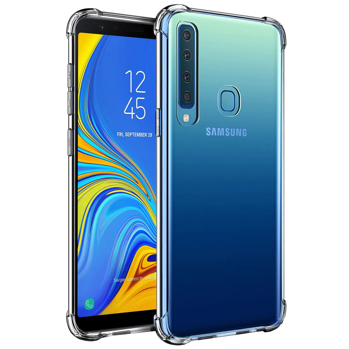Samsung Galaxy A9 2018 in klarer Hülle, von vorne und hinten, aus Kunststoff.