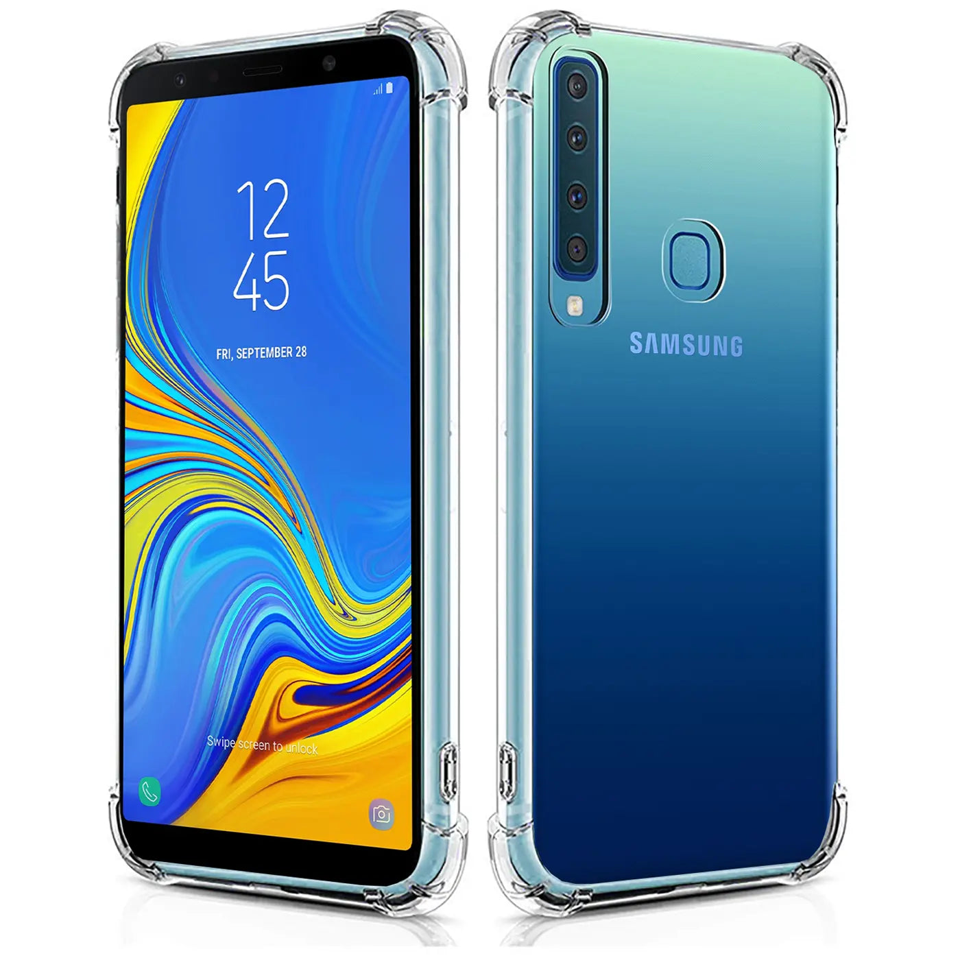 Samsung Galaxy A9 2018 in klarer Hülle, Vorder- und Rückansicht, transparentes Material