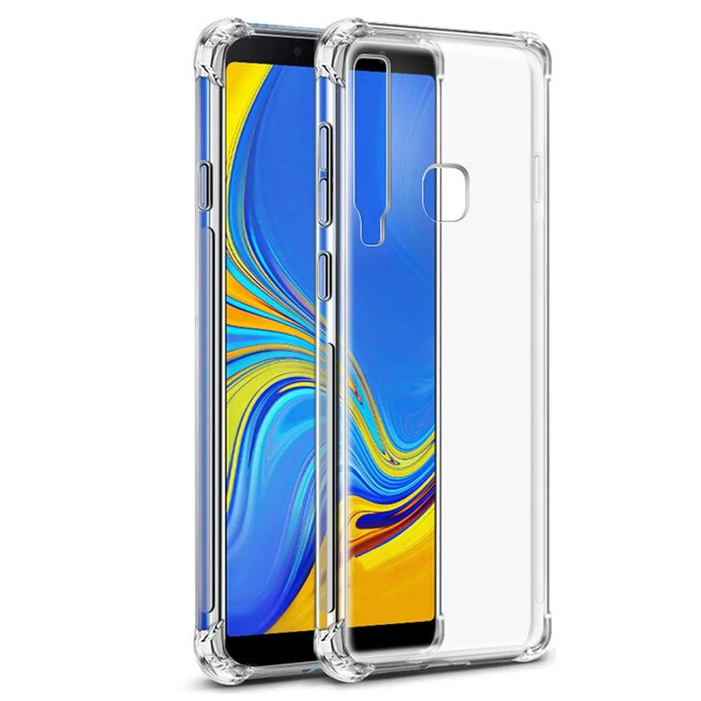 Samsung Galaxy A9 2018 in klarer, stoßfester Hülle, Vorderansicht.