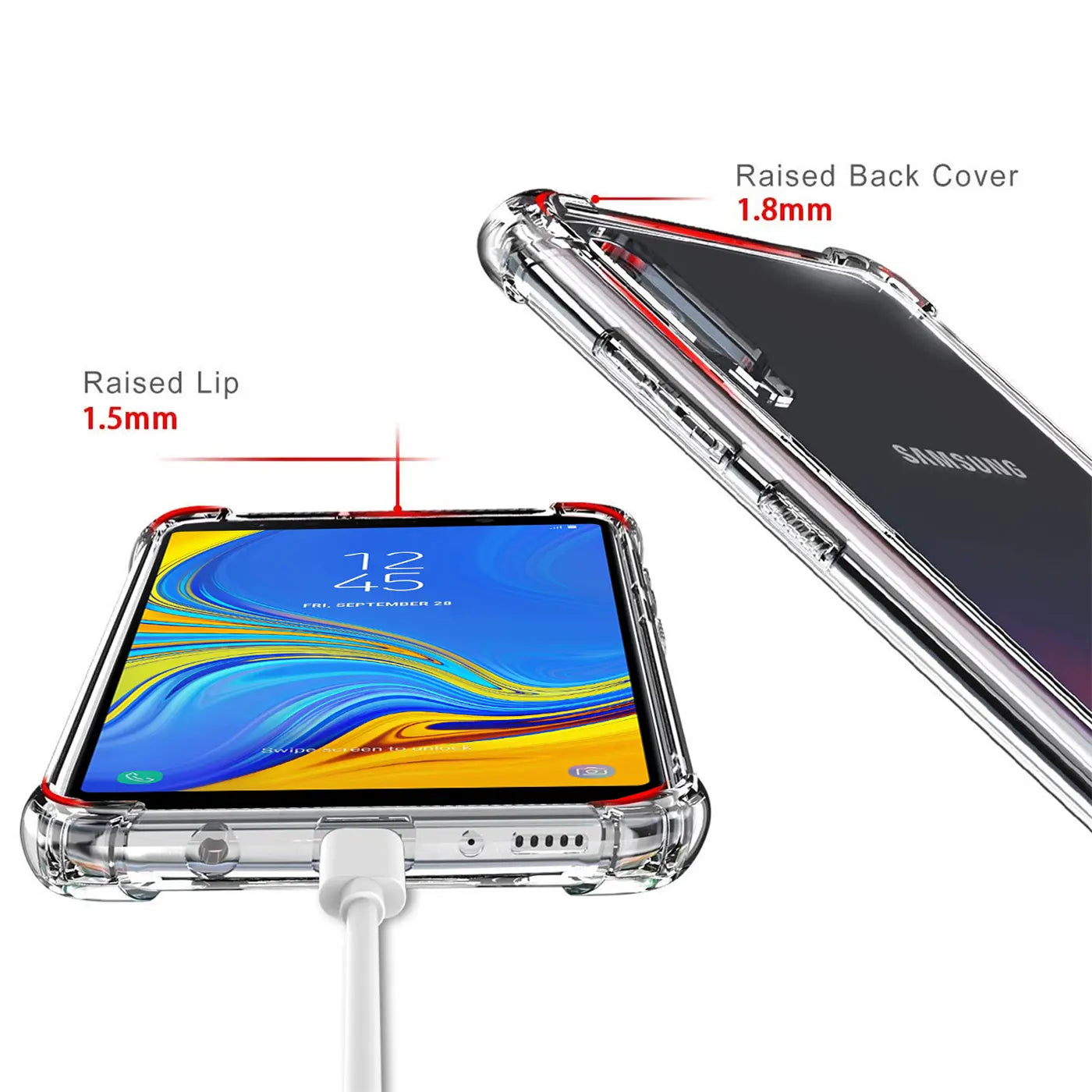 Samsung Galaxy A9 2018 in klarer Hülle, Vorder- und Rückansicht, mit roten Akzenten.