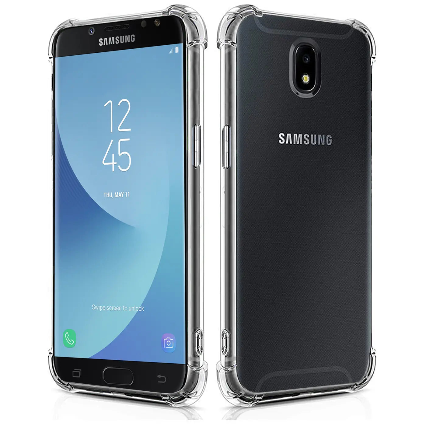 Samsung Galaxy J3 2017 in klarer Hülle, Vorder- und Rückansicht, transparentes Material