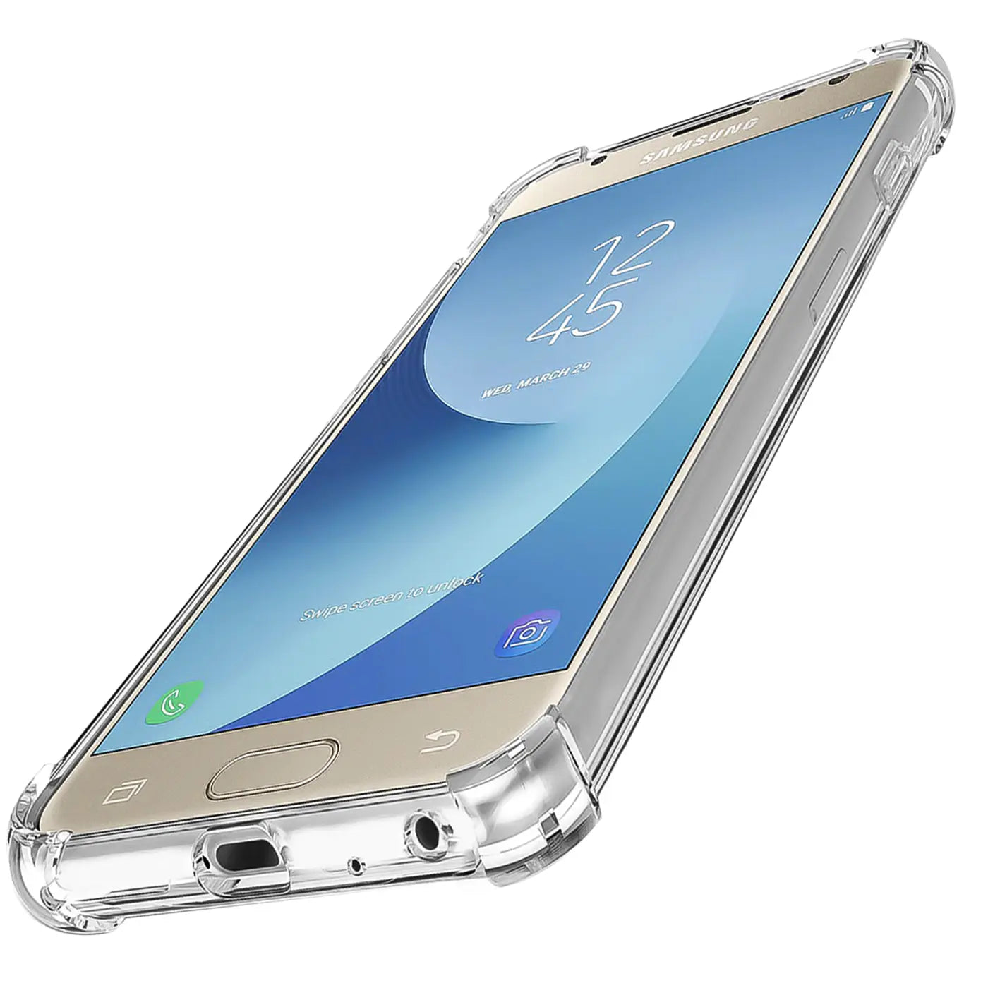 Samsung Galaxy J3 2017 in transparenter Hülle, von schräg oben fotografiert.