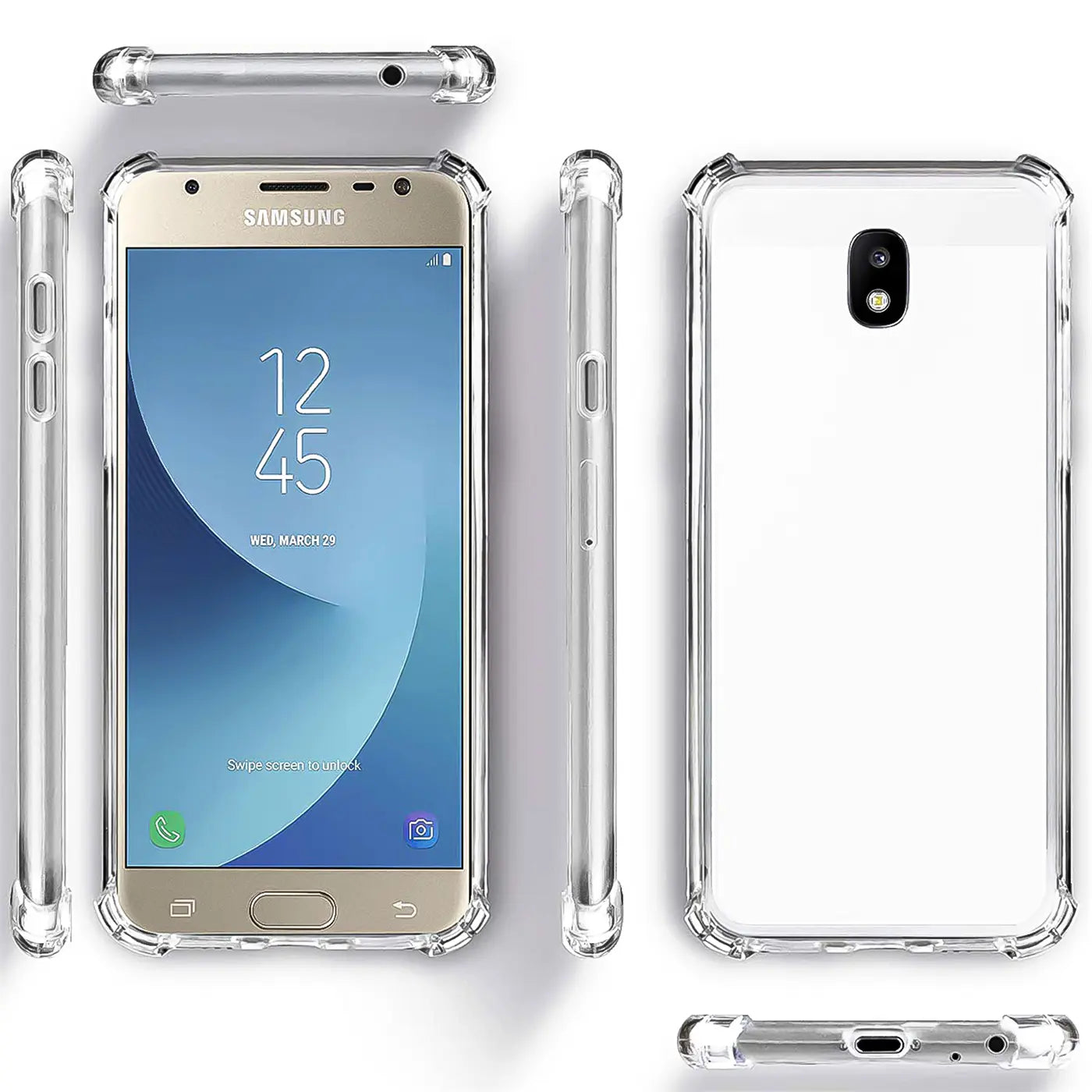 Samsung Galaxy J3 2017 in klarer Hülle, Vorder-, Seiten- und Rückansicht, aus transparentem Kunststoff.