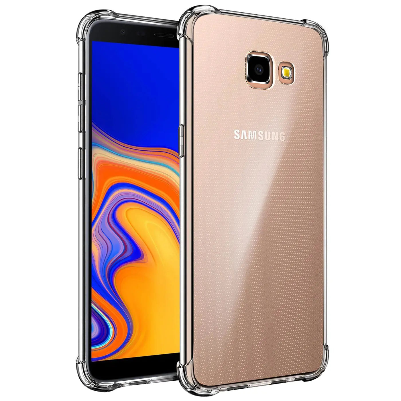 Samsung Galaxy J4 Plus in klarer Hülle, von vorne/seitlich, transparentes TPU