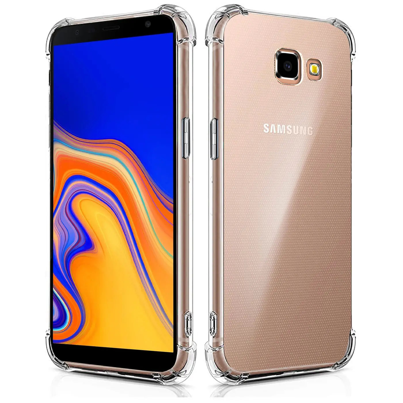 Samsung Galaxy J4 Plus in klarer Hülle, Vorder- und Rückansicht, transparentes Material