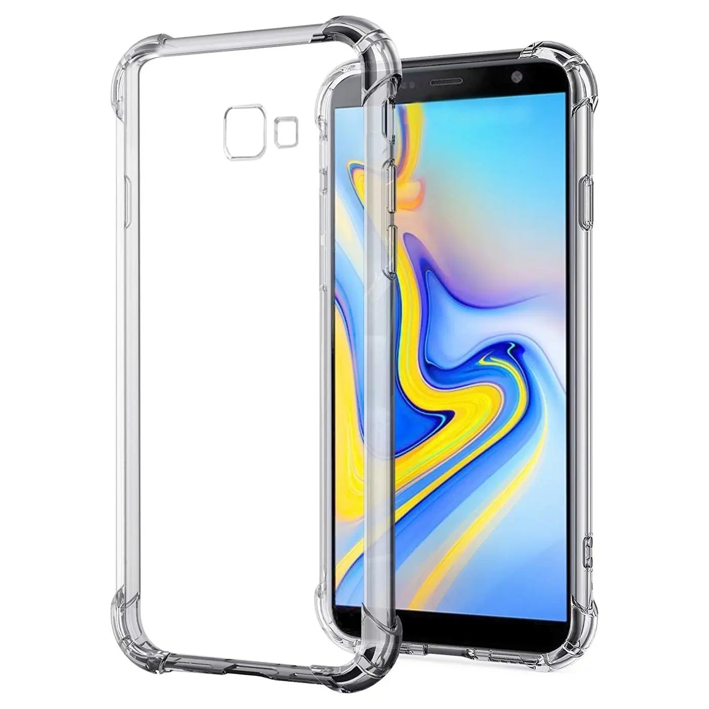 Transparente Silikonhülle mit verstärkten Ecken, zeigt Samsung Galaxy J4 Plus.