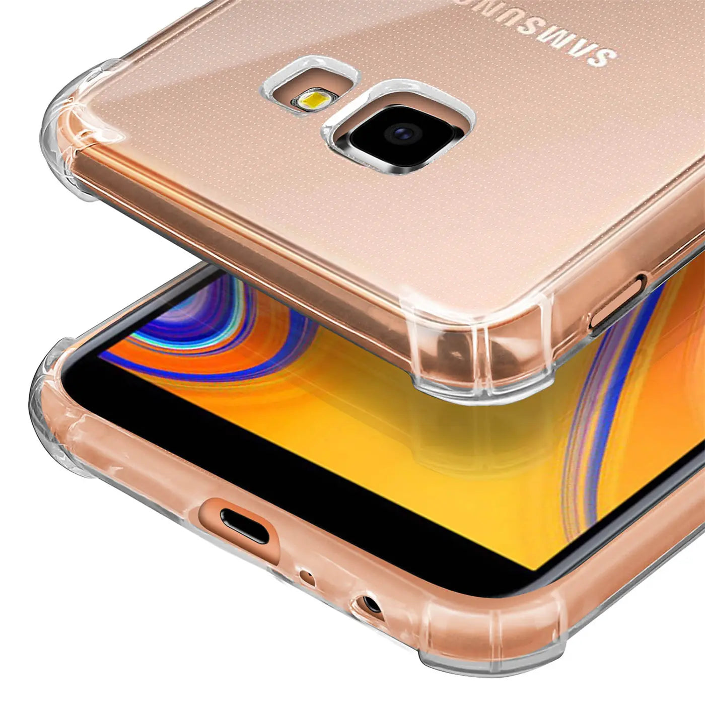 Transparente Hülle aus Kunststoff mit verstärkten Ecken auf einem roségoldenen Samsung Galaxy J4 Plus.