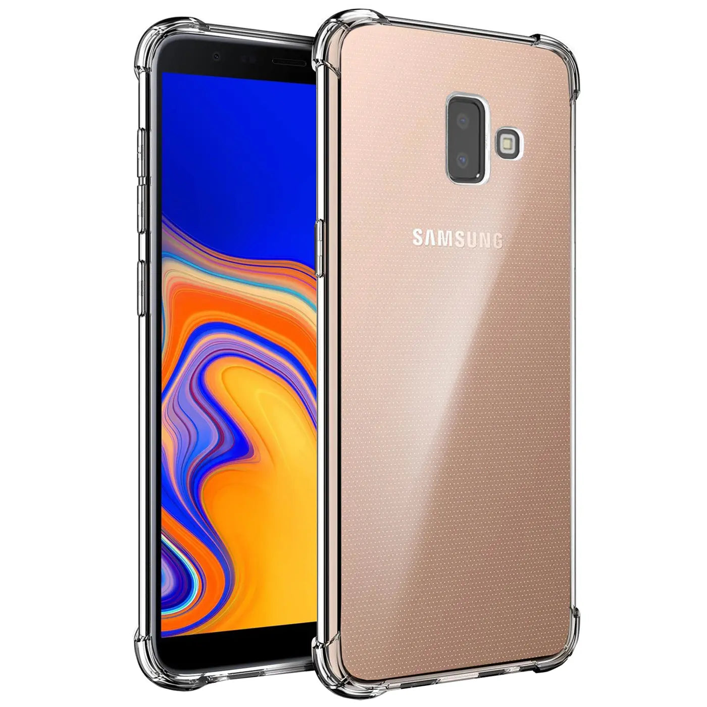 Samsung Galaxy J6+ in klarer Hülle, von vorne/seitlich, transparentes TPU